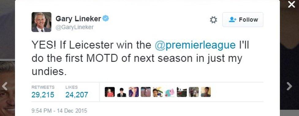 Gary Lineker tweets: "YES! If Leicester win the @premierleague I'll do the first MOTD of next season in just my undies.