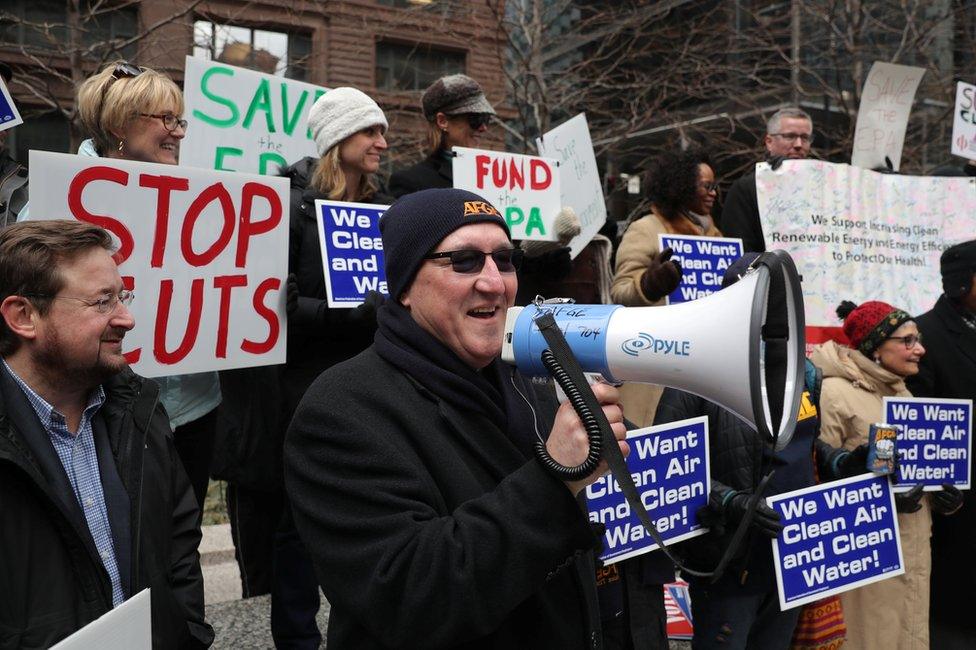 AFGE Local 704 union President Michael Mikulka speaks as EPA workers protest against job cuts during a rally in Chicago, Illinois, 2 March