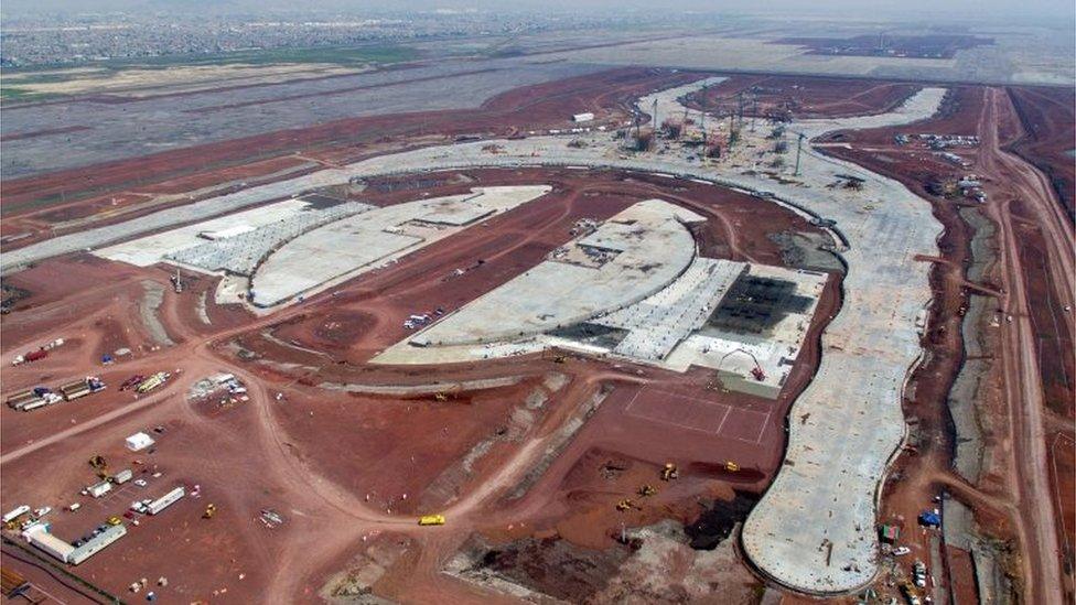 Aerial view of construction work at Mexico City's new airport, 21 July 2018