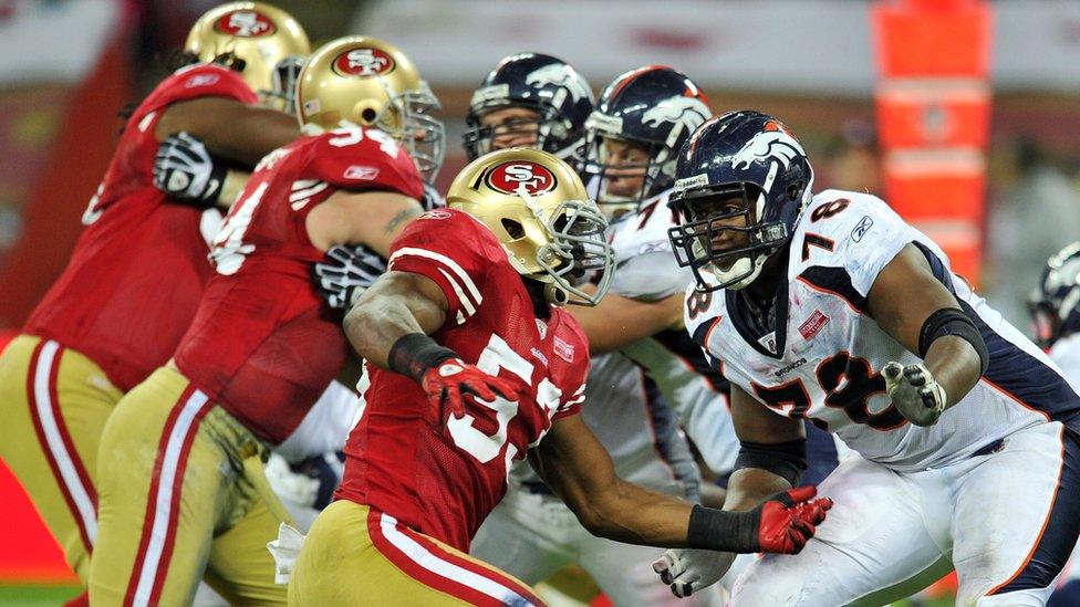 Two sets of American football players lined up against each other