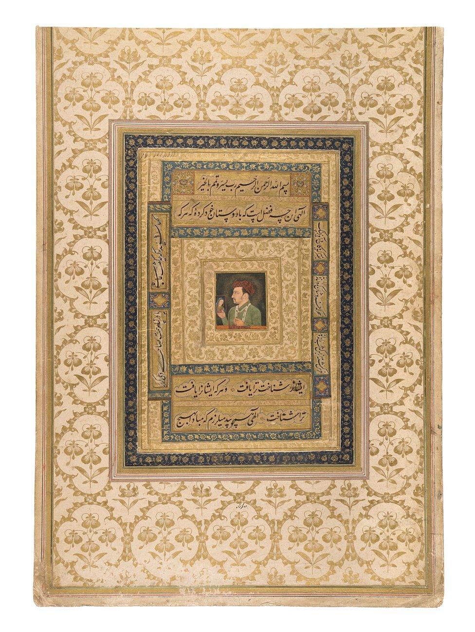 A portrait of Mughal emperor Jahangir holding a small image of the Virgin Mary made with watercolour and gold on paper.