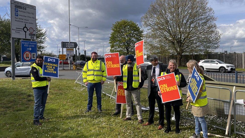 Members of the Public and Commercial Services Union on the picket line at Heathrow Airport