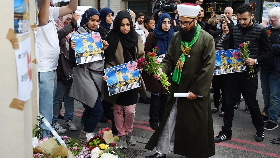 Members of the Muslim community paid their respects to the victims with tributes near London Bridge