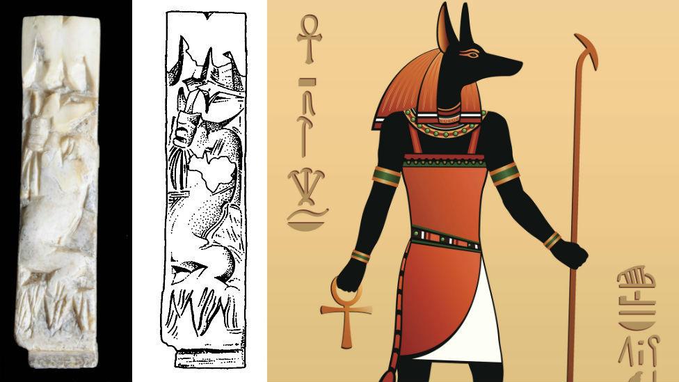 Anubis carving, its record drawing and a modern representation of Anubis