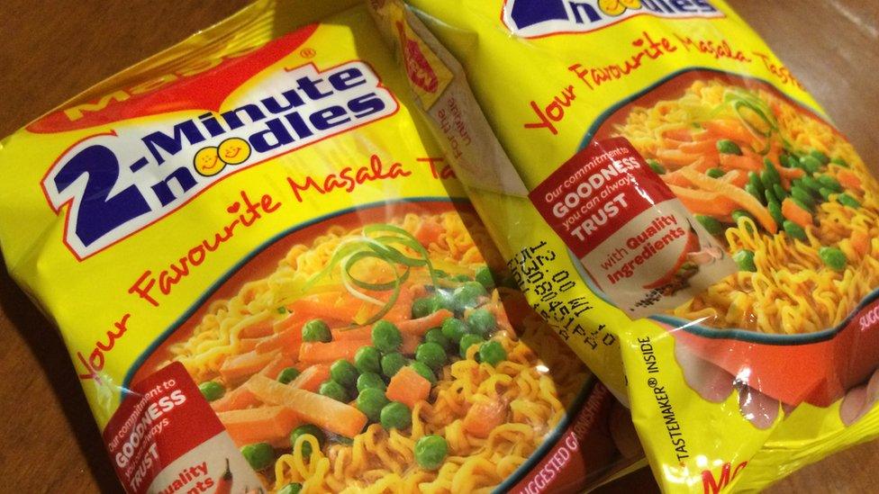 Two packets of the re-launched Maggi noodles in India