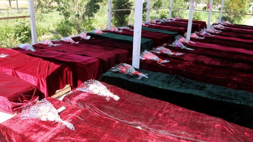 Coffins containing the victims of a Taliban attack on Afghan army officers