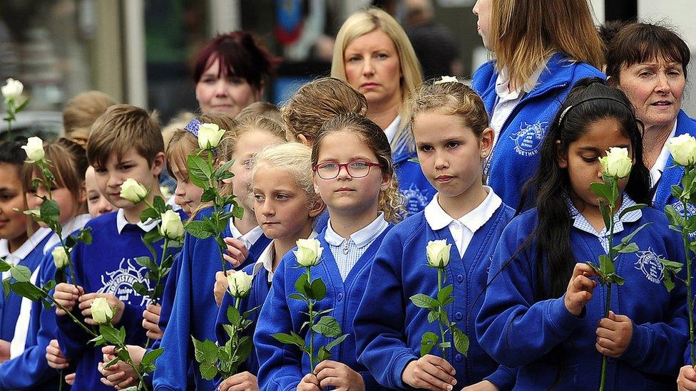 Pupils and staff of Norristhorpe Junior and Infant School in Heckmondwike