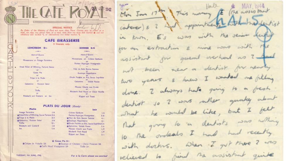 A Cafe Royal menu from 1942 and diary entry from 1944