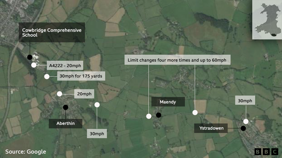 Map showing the route of the road from Cowbridge Comprehensive School to Ystradowen, and the number of times the speed limit changes