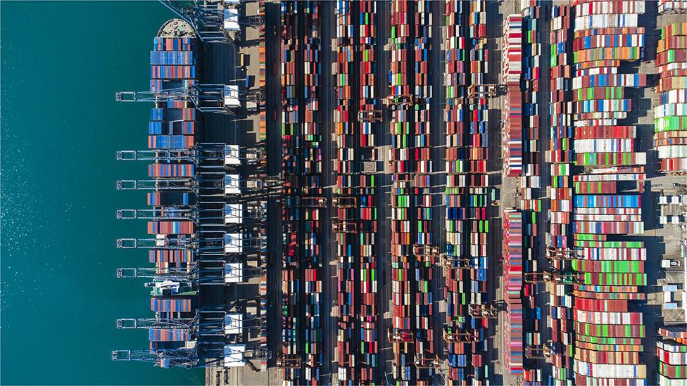 Aerial view of shipping container at dock