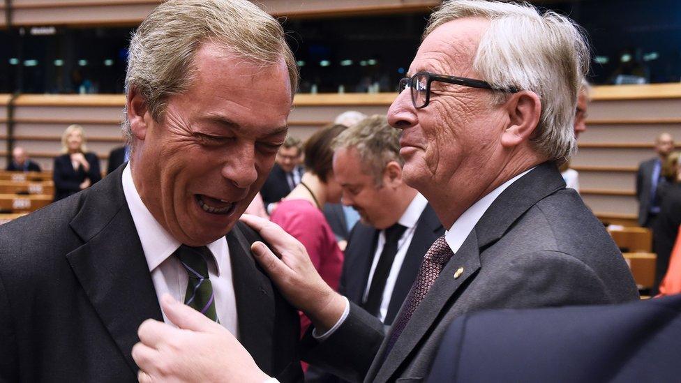 UKIP's Nigel Farage and EU's Jean-Claude Juncker in Brussels, 28 Jun 16