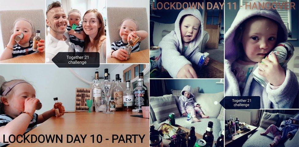 Two collages, one of Luna partying, the other of her pretending to have a hangover