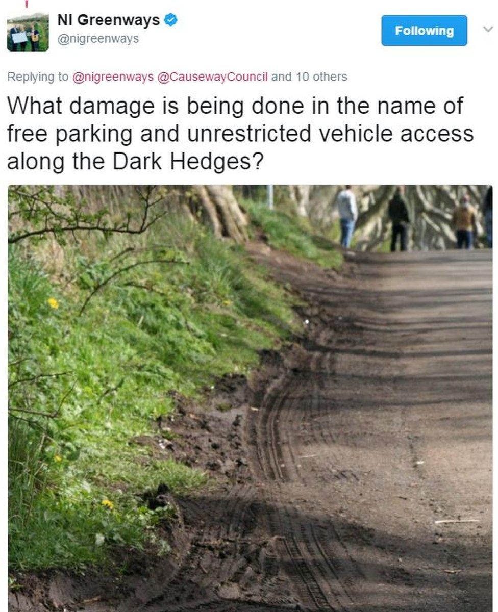 Tweet: What damage is being done in the name of free parking and unrestricted vehicle access along the Dark Hedges?