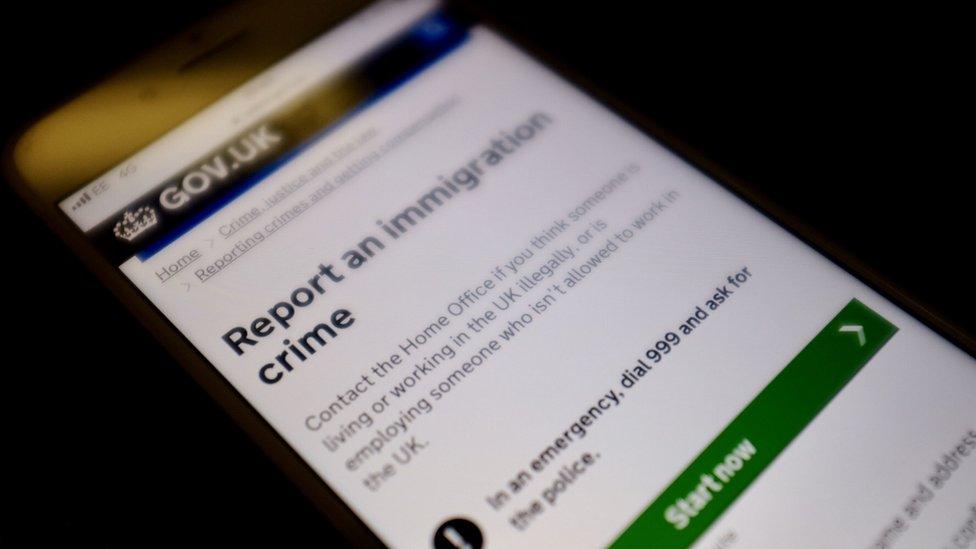 The 'report an immigration crime' webpage on a mobile phone