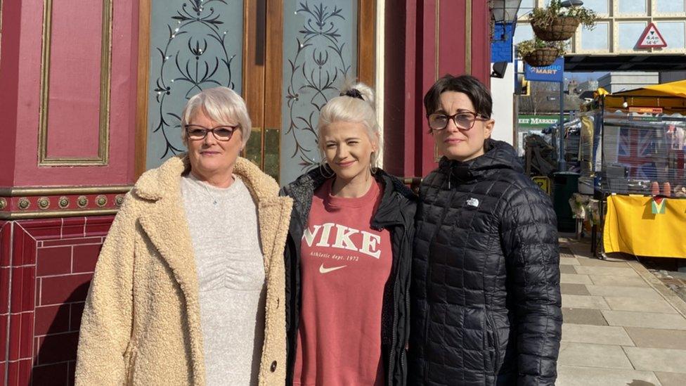 Barbara Hollands, mum of Kylie Weatherby with Danielle Harold in front of the Queen Vic pub on Eastenders set