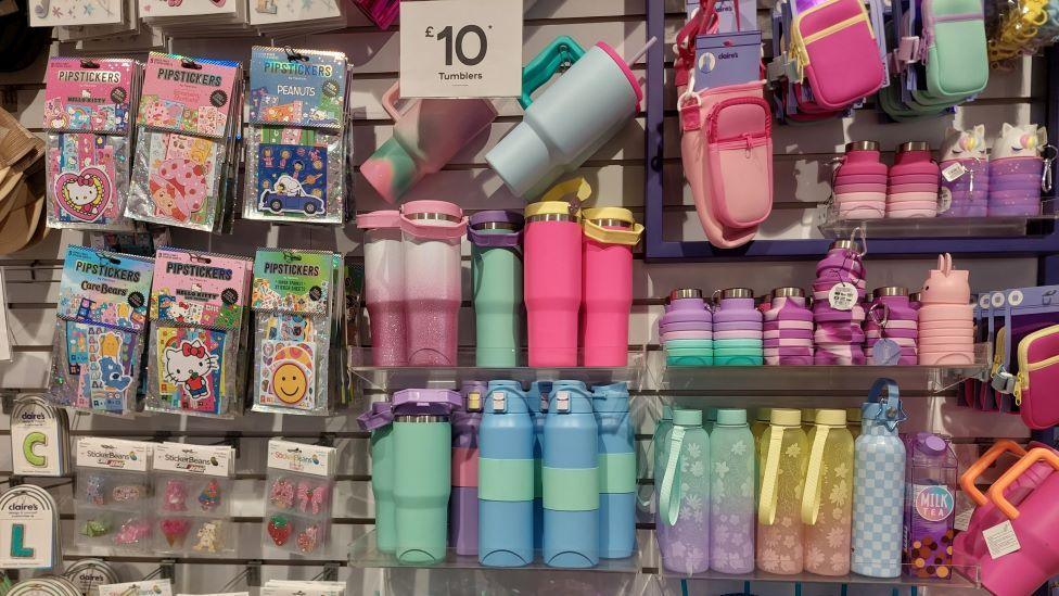 Stickers, water bottles and tumblers on sale at Claire's