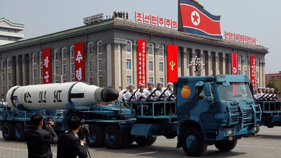 A North Korean navy truck carries the "Pukkuksong" submarine-launched ballistic missile (SLBM) during a military parade marking the 105th birth anniversary of country's founding father, Kim Il Sung in Pyongyang