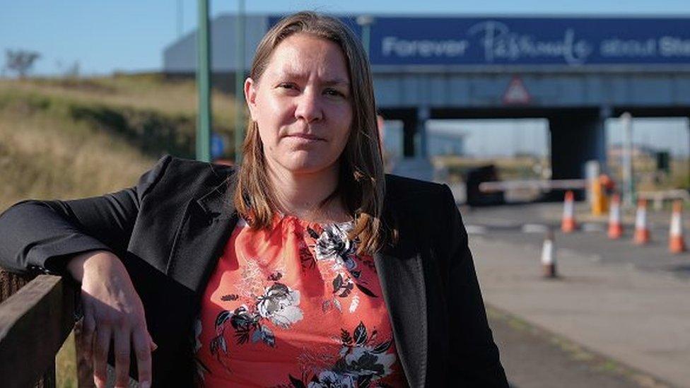 Anna Turley in front of the Redcar steel works