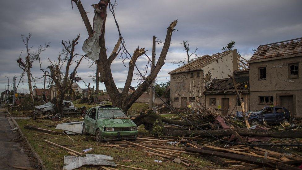 A view of damage after a tornado hit in Mikulcice, Czech Republic, 25 June 2021.