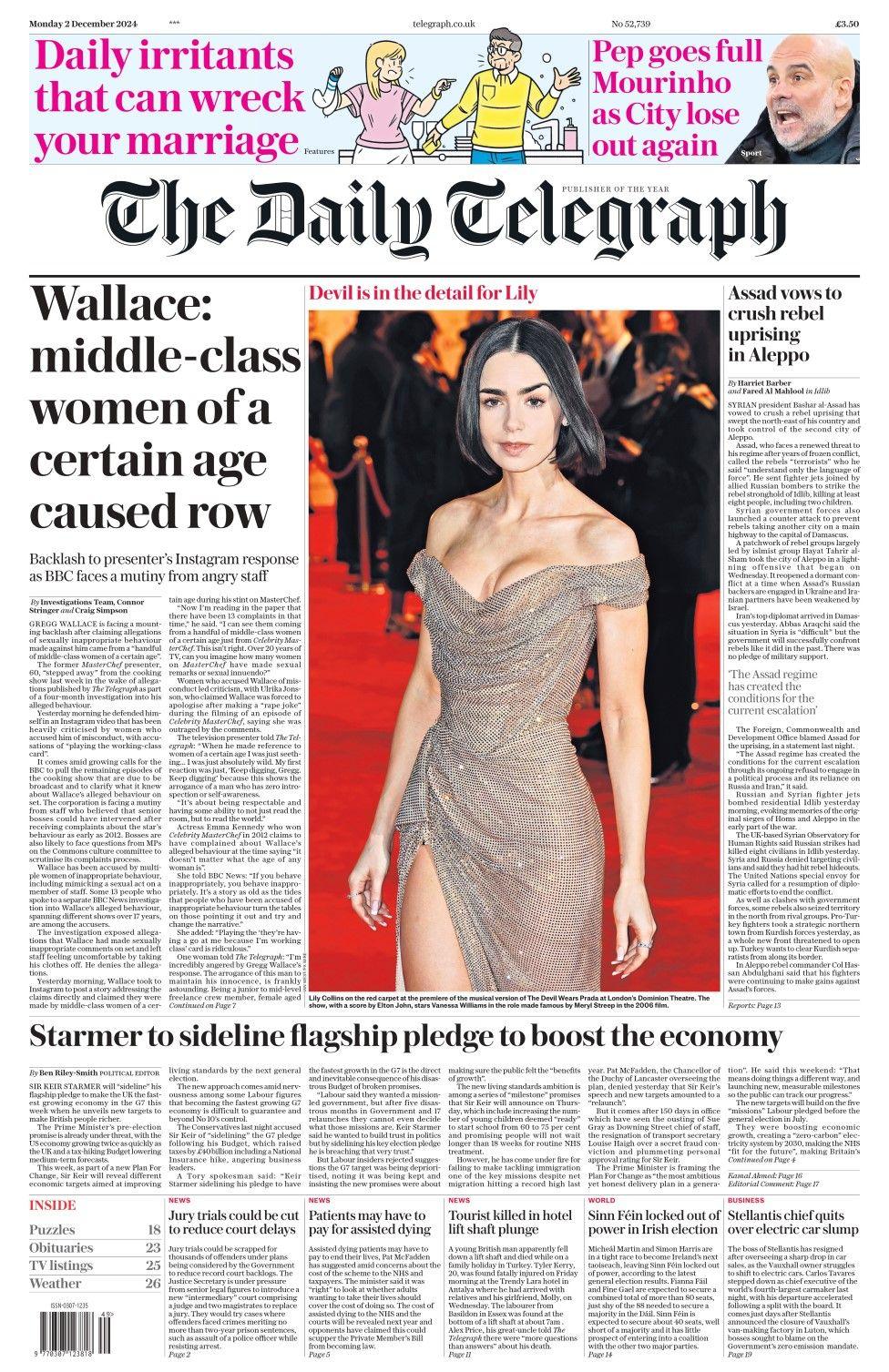 The headline in the Daily Telegraph reads: Wallace: middle class women of a certain age caused row