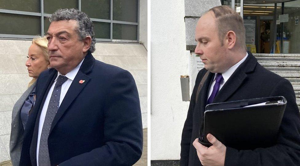 Composite image of three people walking to court