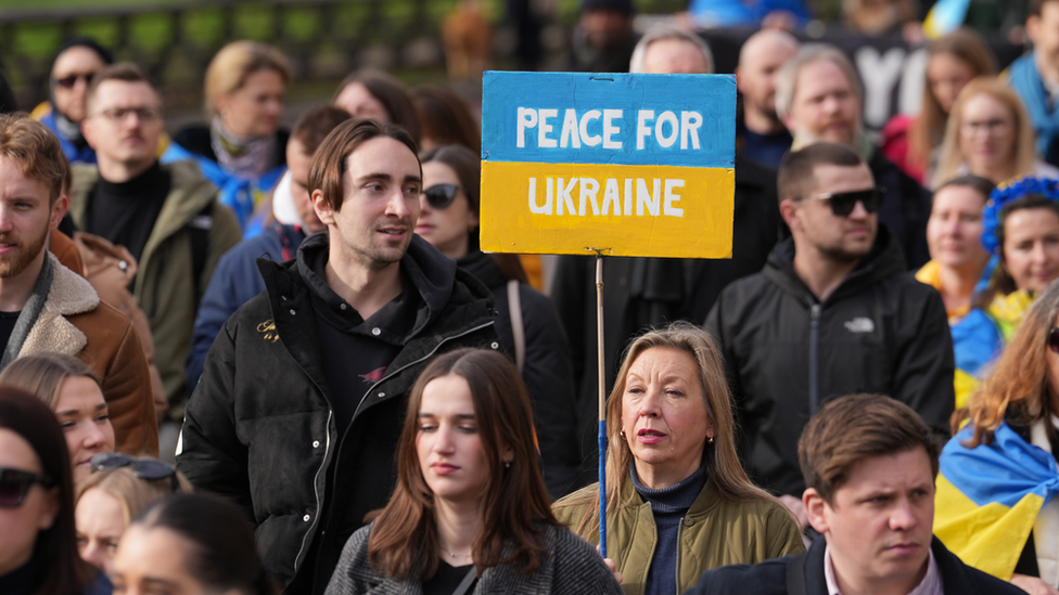 Ukraine protest in London with people holding placards as they march