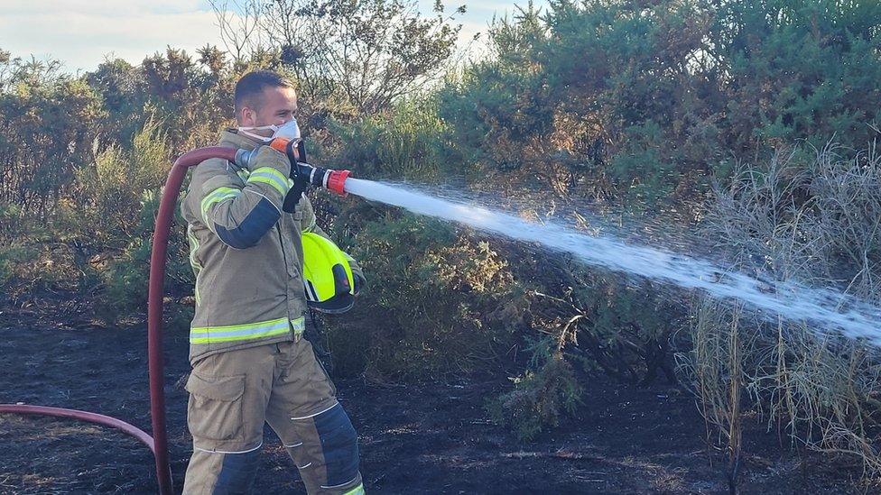 A firefighter with a hose