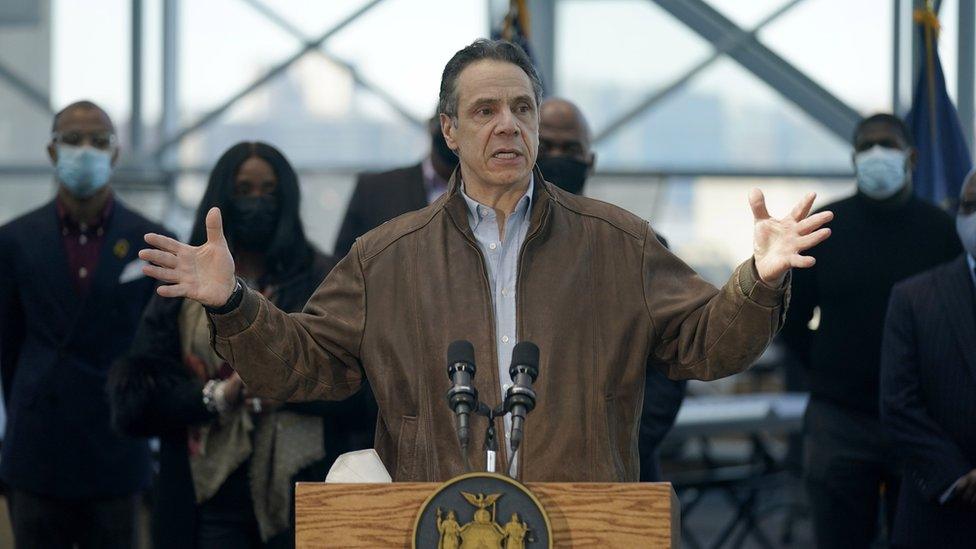 Photo from 8 March 2021 of Andrew Cuomo speaking to reporters at a vaccination site