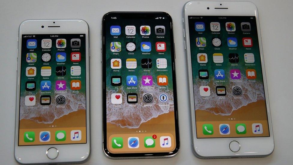 iPhone 8 (left), iPhone X (middle), iPhone 8 Plus (right)