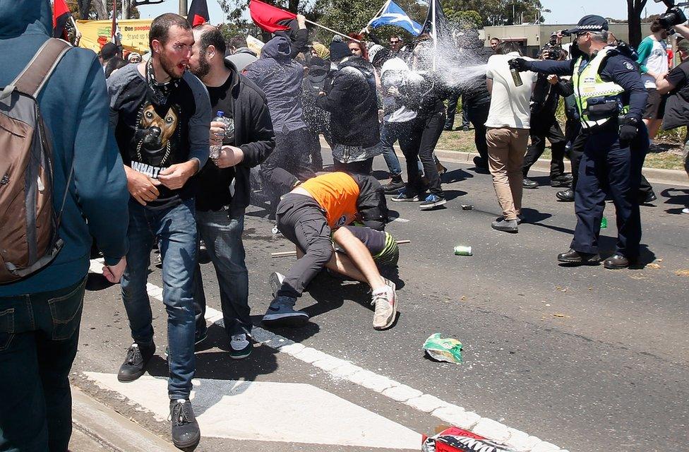 Police use capsicum spray on the crowd at an anti-Islam protest in Melbourne