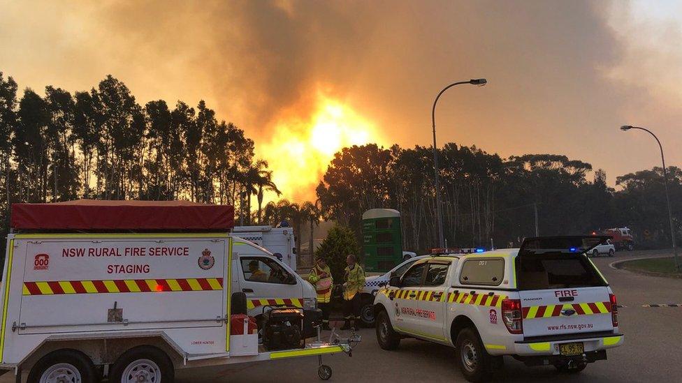 Fire crew vehicles in front of a bushfire at Port Stephens in New South Wales