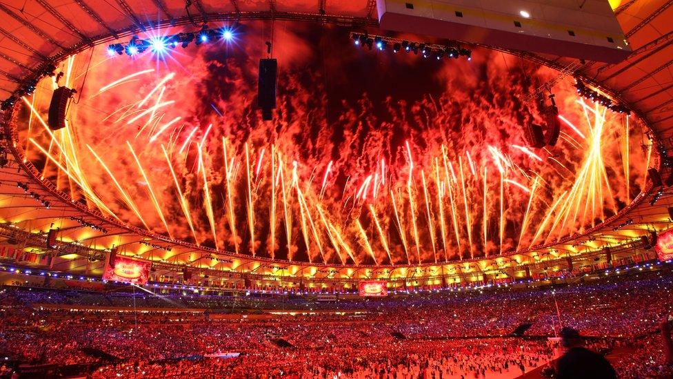 Fireworks go off at the opening ceremony