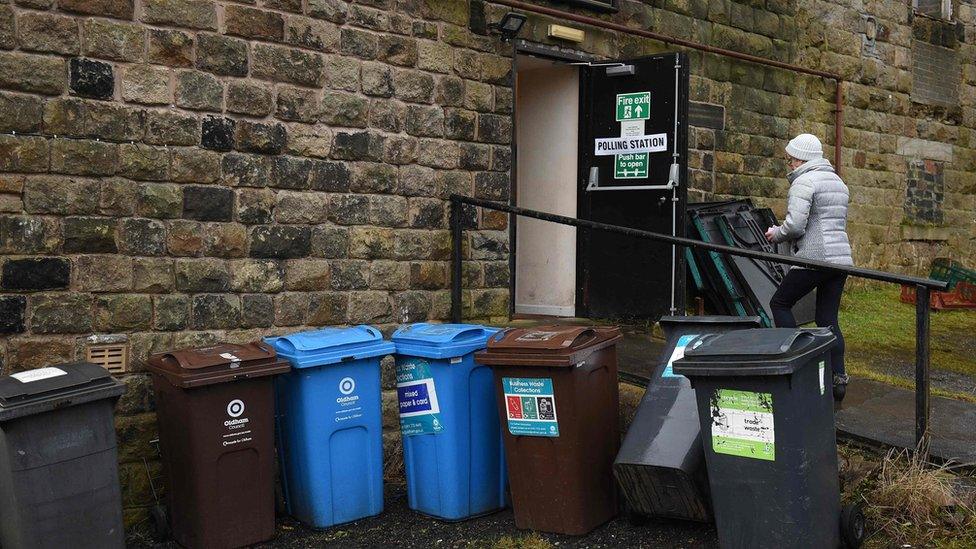 Bins outside a polling station in Diggle, Greater Manchester