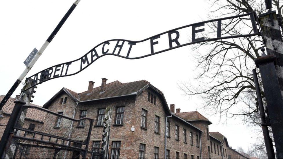 The sign "Arbeit Macht Frei" (translated as Work Makes You Free) at the main gates to the Auschwitz Nazi concentration camp in Oswiecim, Poland.