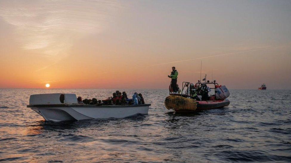 Migrants wait to be rescued by crew members of NGO rescue ship Viking Ocean on 26 October