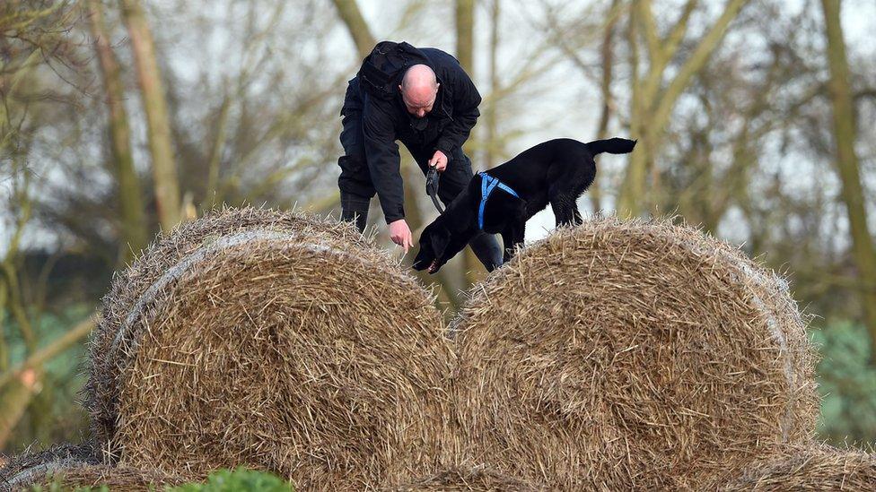 Police search bales of hay on a field off Ashby Road, in Belton, Leicestershire