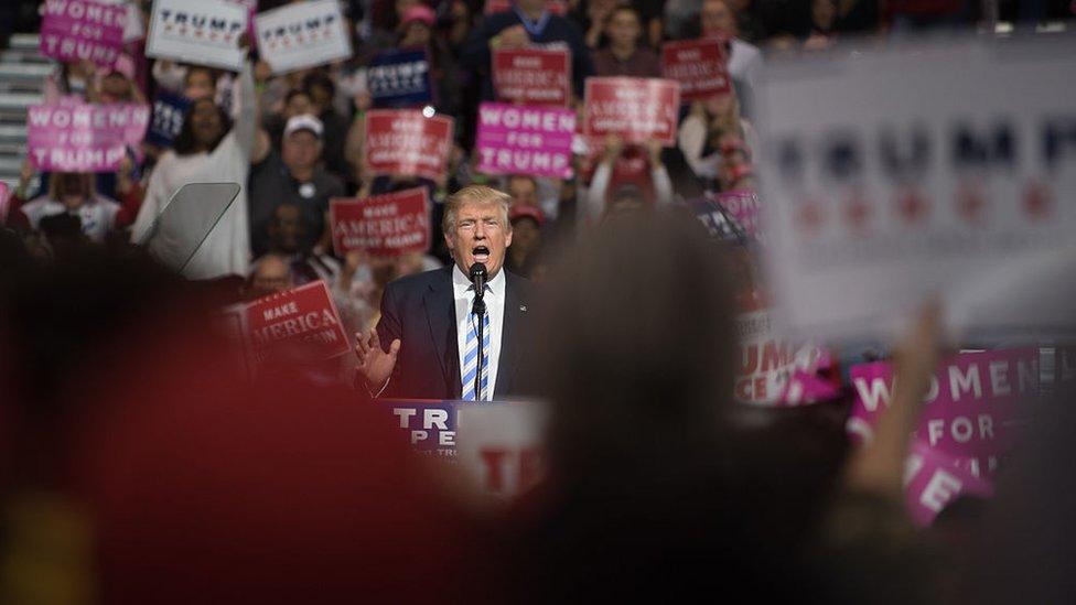 Donald Trump addresses his supporters in Cleveland, Ohio, during his presidential campaign