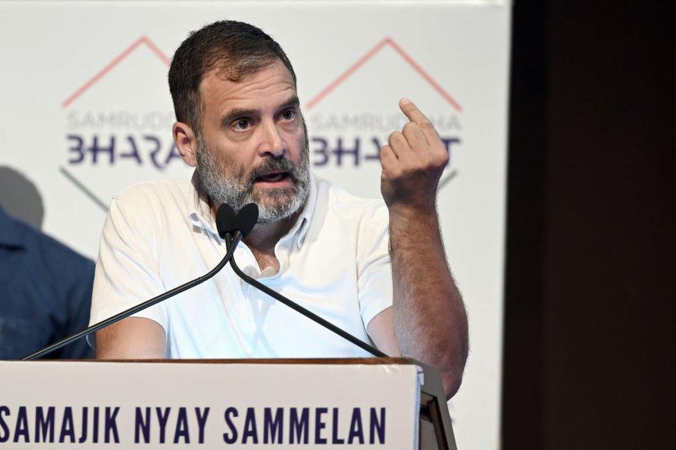 : Congress leader Rahul Gandhi addresses the Samajik Nyay Sammelan at Jawahar Bhavan, on April 24, 2024 in New Delhi, India.