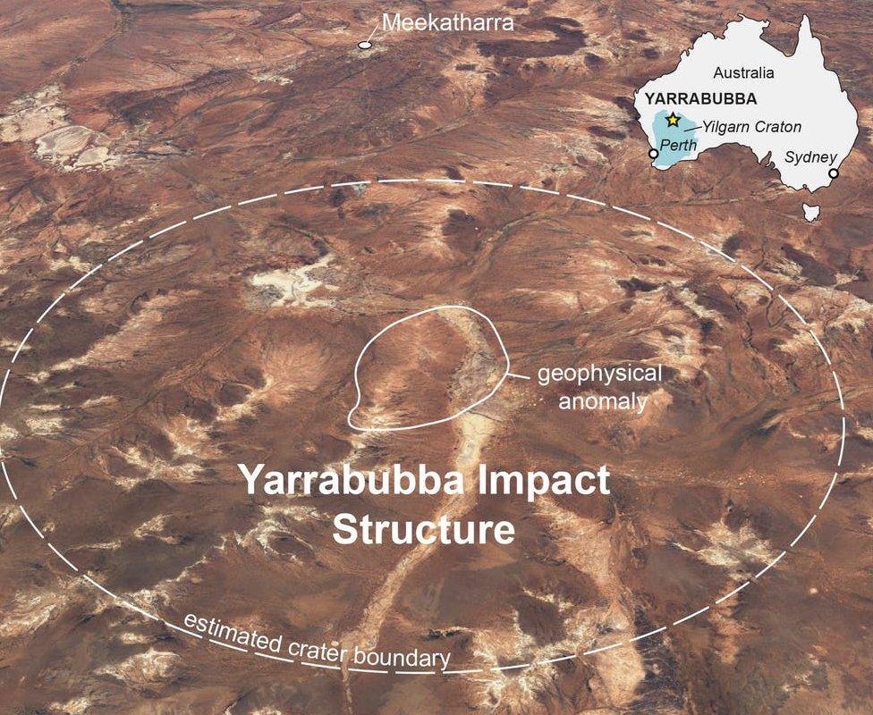 A marked photograph and map of the crater in Western Australia