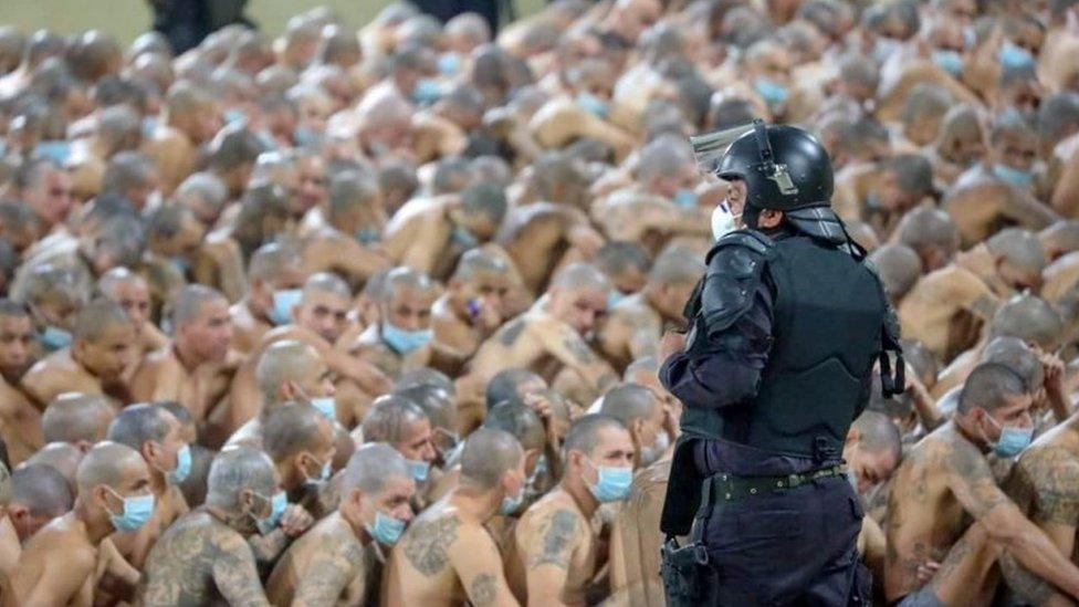 Gang members are secured during a police operation at Izalco jail during a 24-hour lockdown ordered by El Salvador"s President Nayib Bukele in Izalco, El Salvador, photograph released to Reuters by the El Salvador Presidency on April 25, 2020.