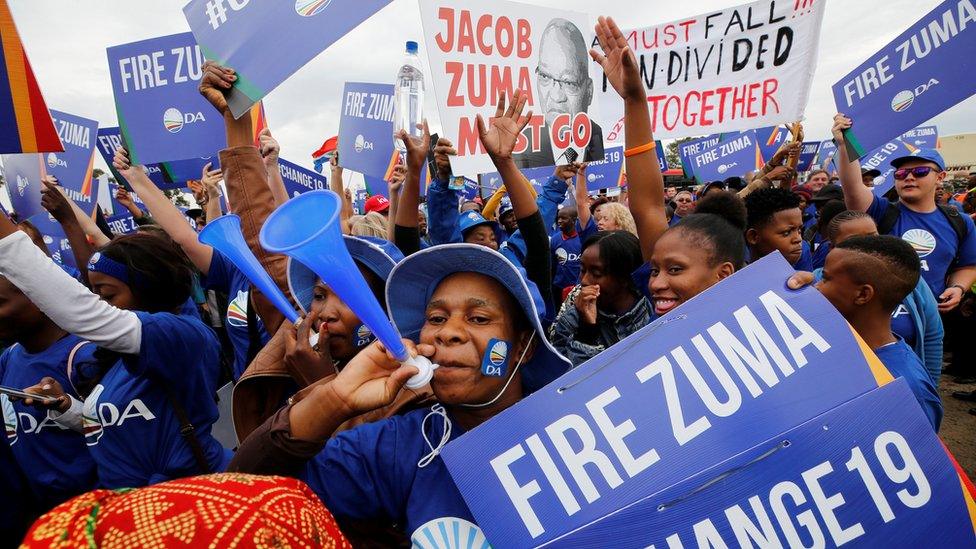 Demonstrators protest in Johannesburg calling for the removal of South African President Jacob Zuma, 7 April 2017