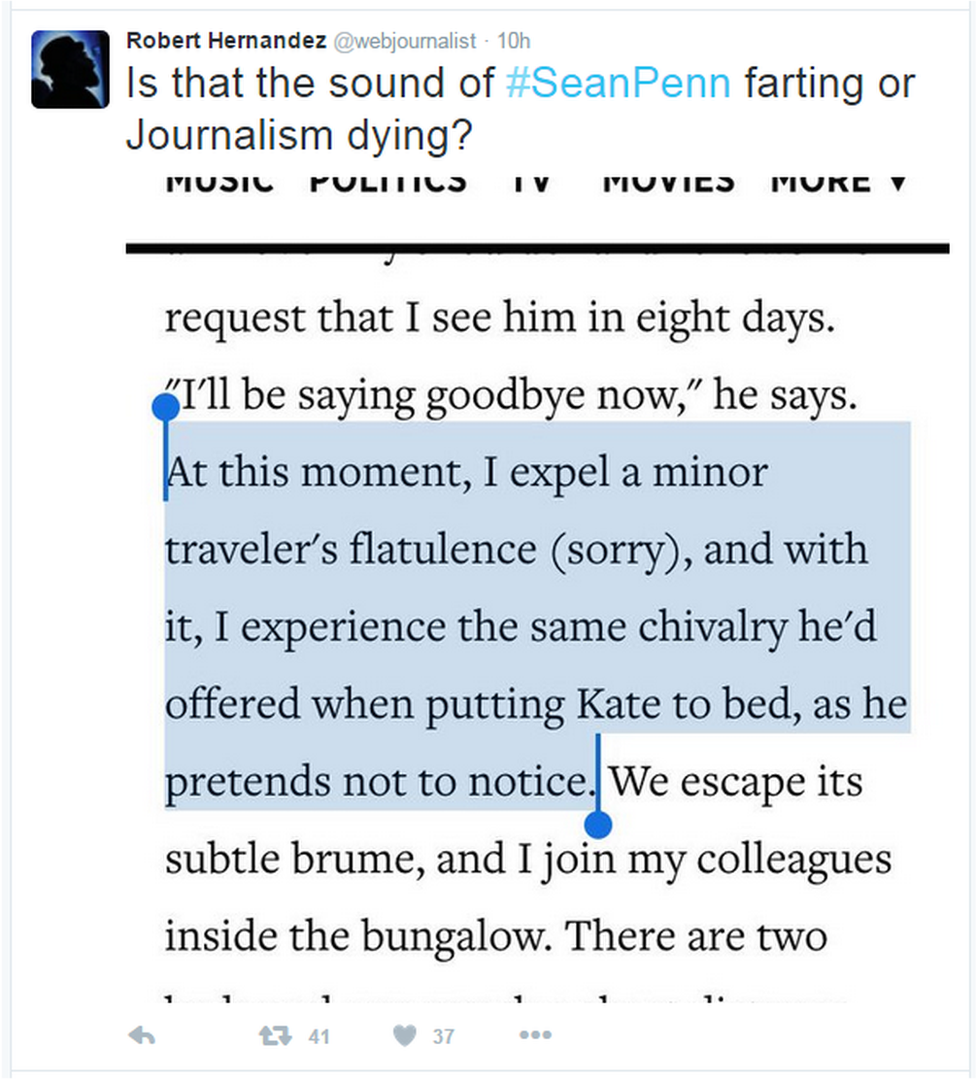 A tweet reads: "Is that the sound of #SeanPenn farting or Journalism dying?"