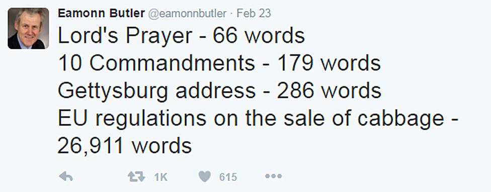 Eamonn Butler's tweet of the list: Lord's prayer - 66 words, 10 Commandments - 179 words, Gettysburg address - 286 words, EU regulations on the sale of cabbage - 26,911 words