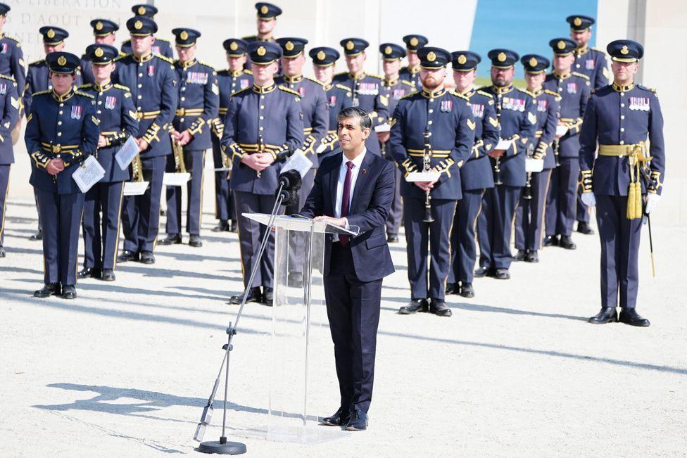 Prime Minister Rishi Sunak at a D-Day commemorative event at the British Normandy Memorial in Ver-sur-Mer, France.