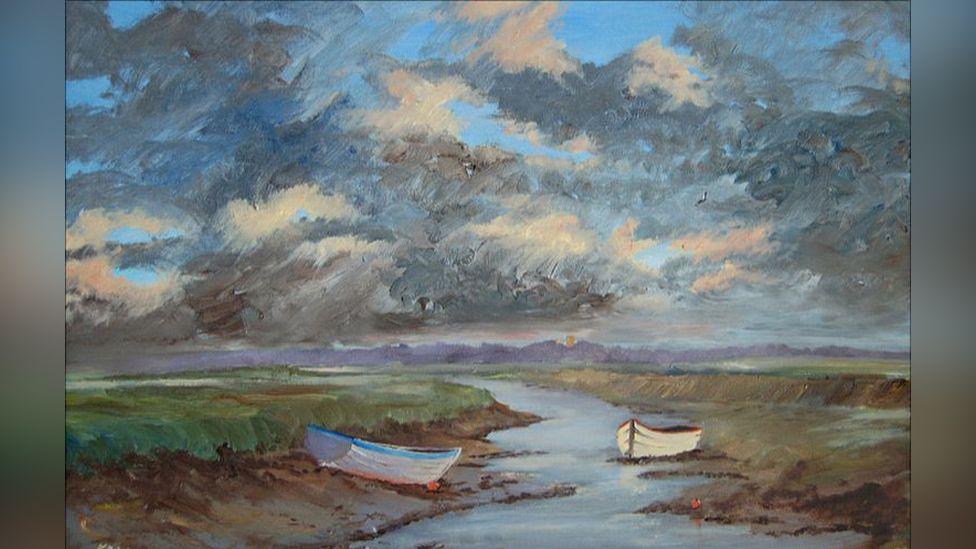 A Kieron Williamson painting showing rowing boats moored among the riverbank at Morston, on the Norfolk coast.