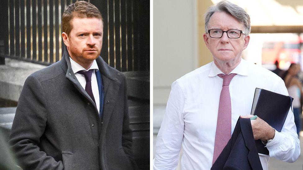 Side by side shots of Former Downing Street chief of staff Morgan McSweeney (left) and former US ambassador Lord Mandelson. McSweeney is walking down Downing Street in a dark grey coat, a white shirt and a dark tie. Lord Mandelson is pictured walking down a street holding a dark jacket and wearing a white shirt with a pink tie and spectacles.