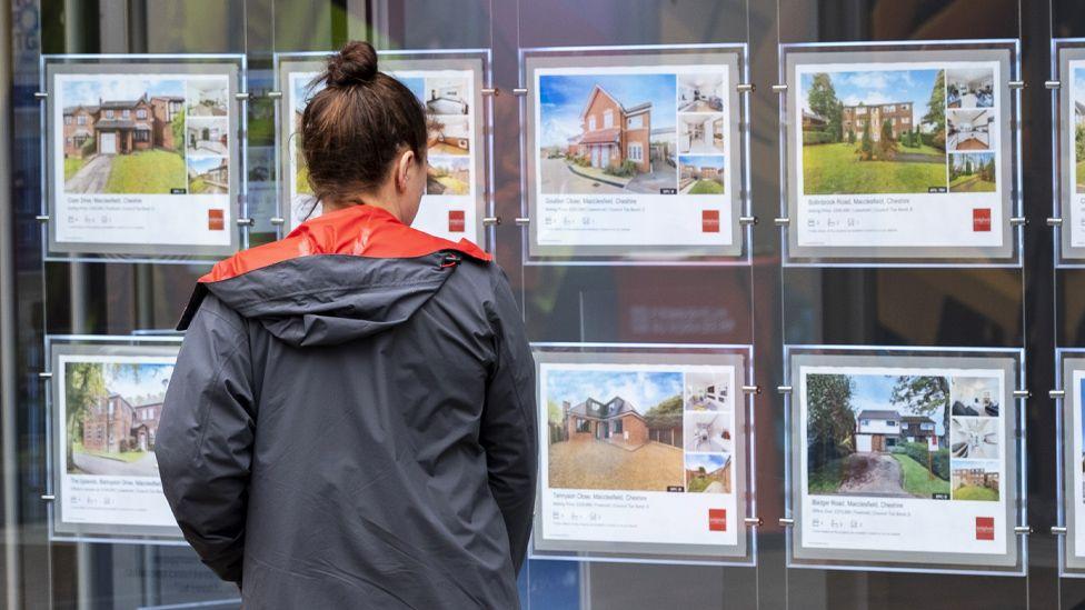 A rear view of a woman in a raincoat looking at adverts in an estate agents window.