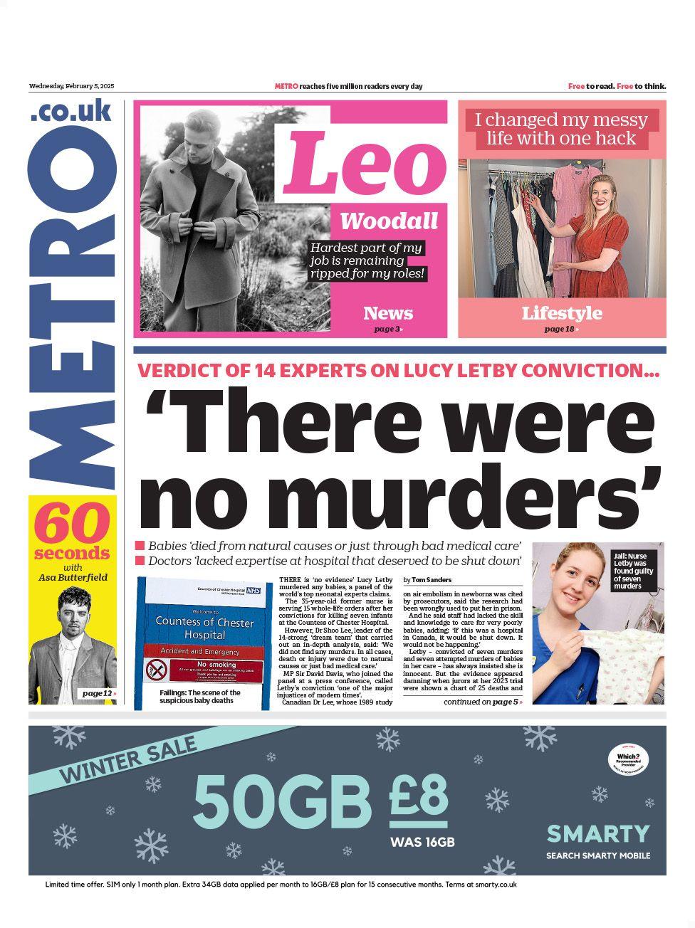 Metro front page with a picture of Lucy Letby and the headline: 'There were no murders'