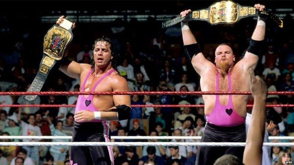 Bret Hart with his brother in law Jim 'the anvil' Neidhart in the ring