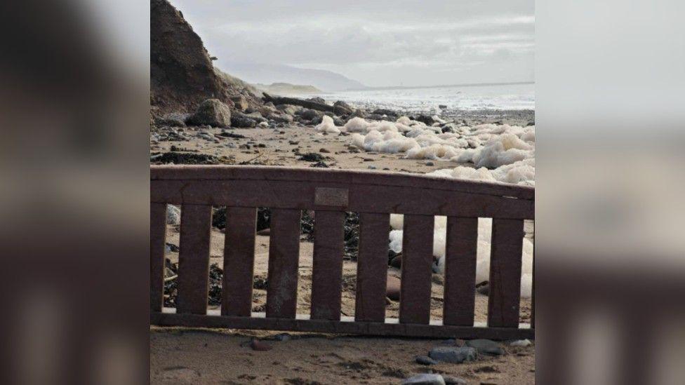 The backrest of a bench featuring a small inscription on a plaque sits wedged in the sand on a beach. Small stones and seaweed can be seen scattered around, with sea spray lining the beachline and cliffs looming in the distance. 